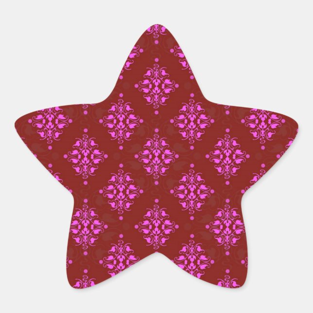 Hot Pink over Red Stylish Damask Pattern Star Sticker (Front)