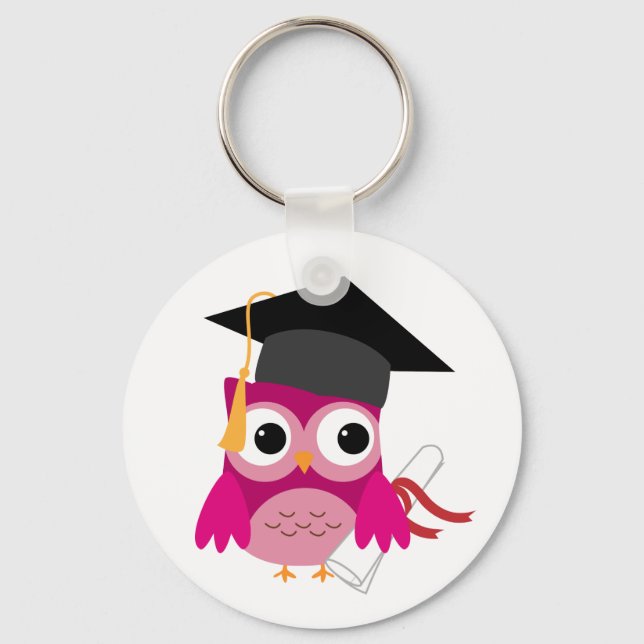 Hot Pink Owl with Diploma Graduation Keychain (Front)