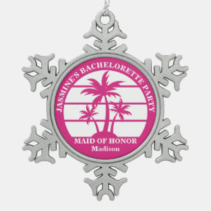 Hot Pink Palm Tree Custom Bachelorette Party Snowflake Pewter Christmas Ornament
