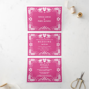 Hot pink papel picado love birds wedding Tri-Fold invitation