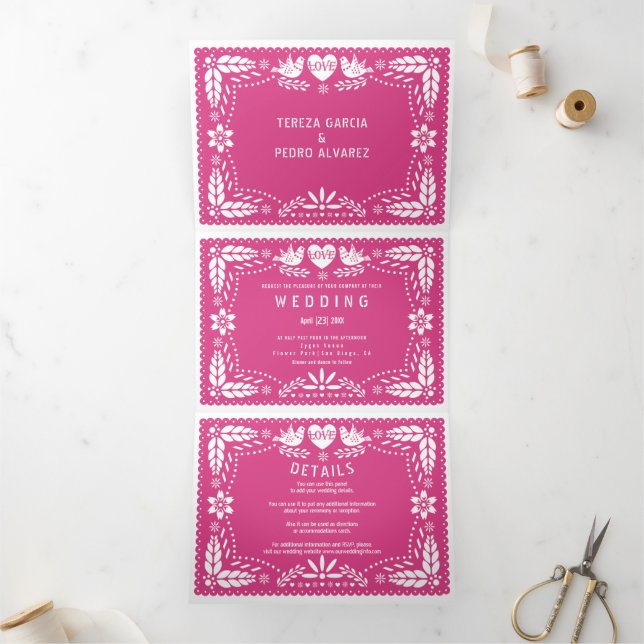 Hot pink papel picado love birds wedding Tri-Fold invitation (Inside)