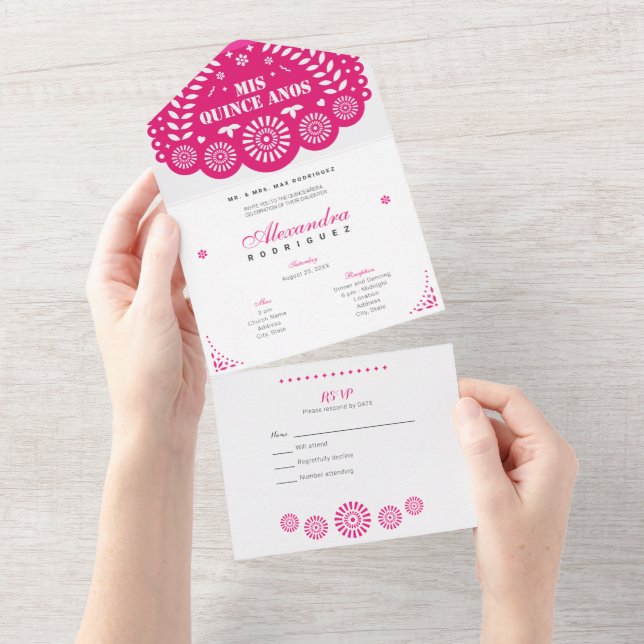 Hot Pink Papel Picado Mis Quince Años All In One Invitation (Tearaway)