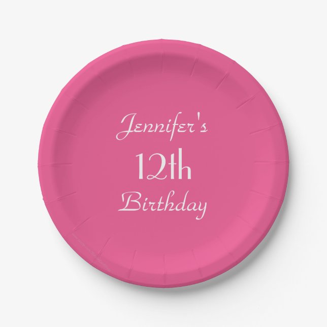 Hot Pink Paper Plates, 12th Birthday Party Paper Plate (Front)