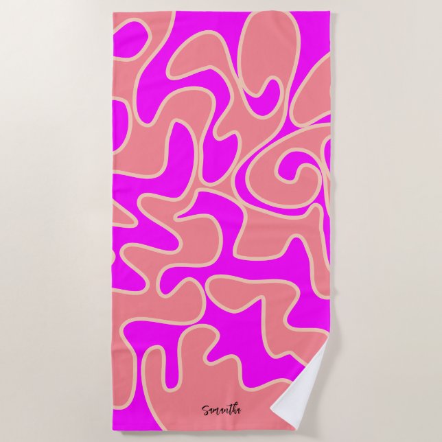 Hot Pink Peach Apricot Retro Fluid Art Custom Beach Towel (Front)