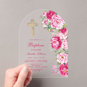 Hot Pink Peonies Arch Baptism Acrylic Invitations