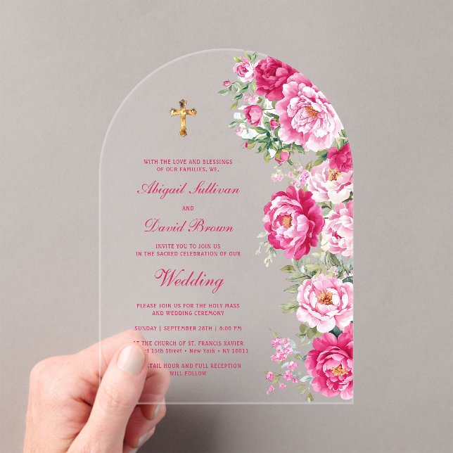 Hot Pink Peonies Arch Religious Wedding Acrylic Invitations (Insitu (Handheld))