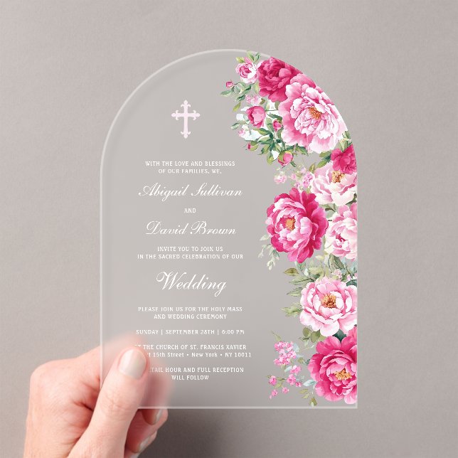 Hot Pink Peonies Arch Wedding Acrylic Invitations (Insitu (Handheld))
