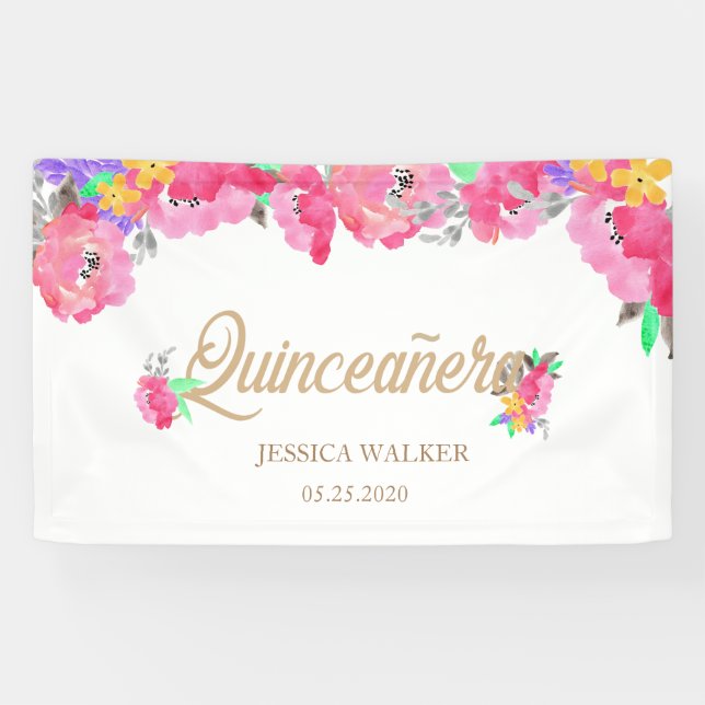 Hot Pink Peonies Quinceanera Welcome Banner (Horizontal)