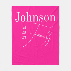 Hot Pink Personalized Modern Family Name Fleece Blanket