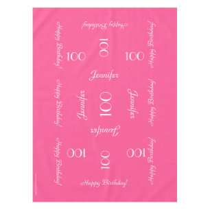 Hot Pink Personalized Name 100th Birthday Fabric Tablecloth
