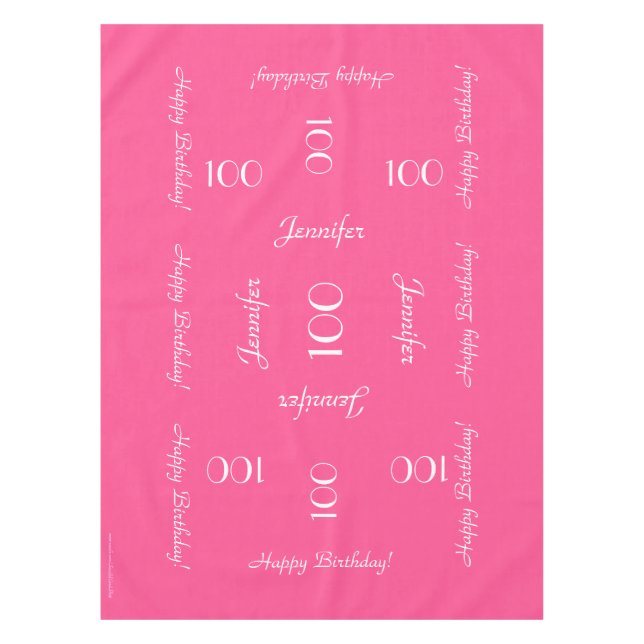 Hot Pink Personalized Name 100th Birthday Fabric Tablecloth (Front)