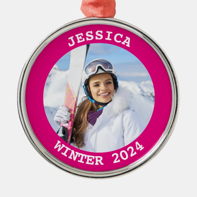 Hot Pink Personalized Round Family Photo Metal Ornament (Front)