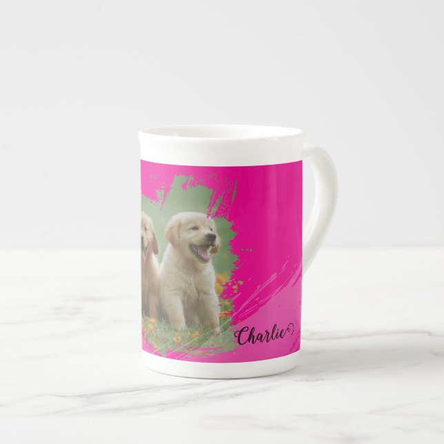 hot pink pets name elegant typography & photo bone china mug (Front Right)