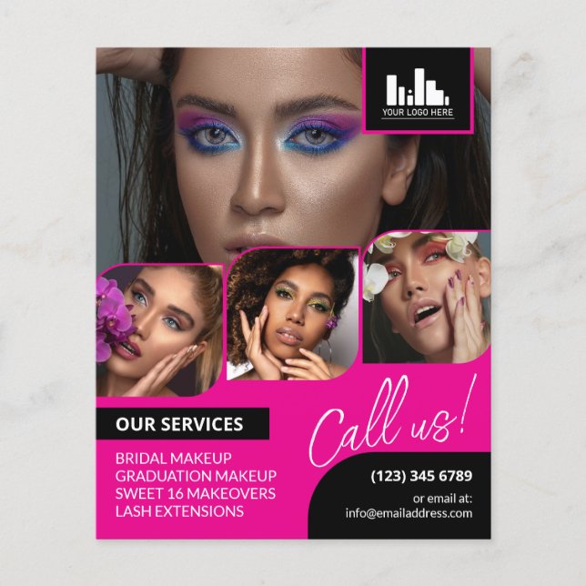 Hot Pink Photo Collage Logo QR Makeup Promotional Flyer (Front)