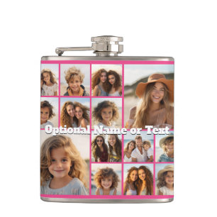 Hot Pink Photo Collage - Modern 14 Pic Grid Hip Flask