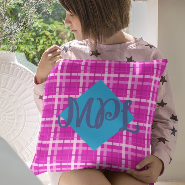 Hot Pink Plaid Custom Monogram Throw Pillow (Hot Pink Monogram Throw Pillow)