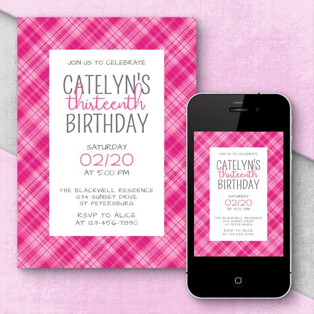Hot Pink Plaid Girls' Birthday Invitation (Creator Uploaded)