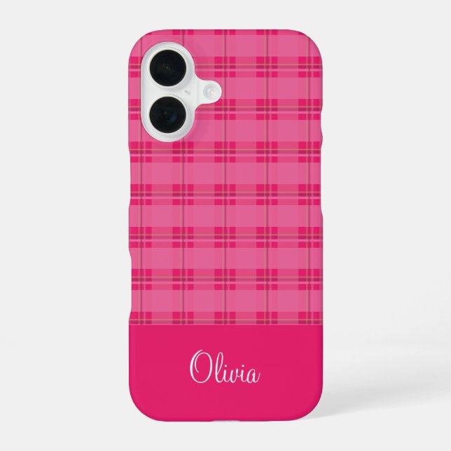 Hot Pink Plaid iPhone 16 Case (Back)