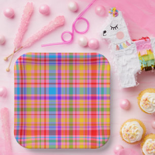 Hot Pink Plaid Retro Inspired Pattern Paper Plates