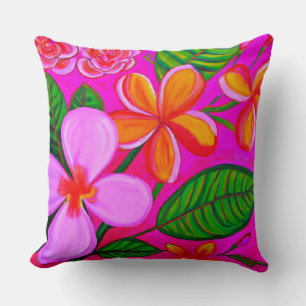 Hot Pink Plumeria Tropical throw pillow