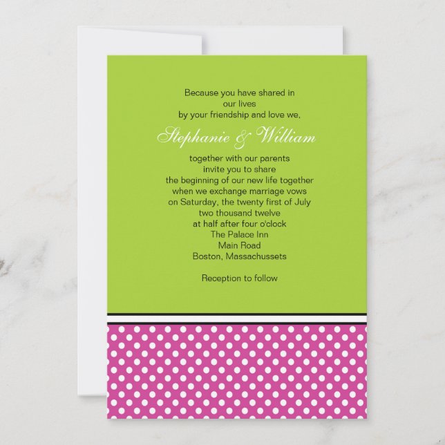 Hot Pink Polka Dot and Green Wedding Invitation (Front)
