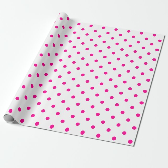 Hot Pink Polka Dot on White Large Space Wrapping Paper (Unrolled)