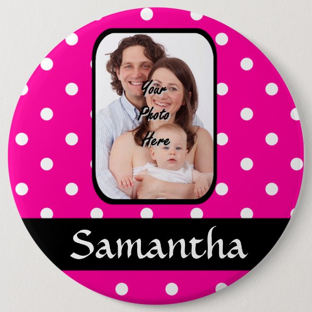 Hot pink polka dot pattern 6 inch round button (Front)