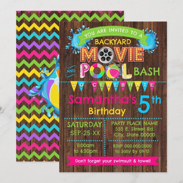 Hot Pink Pool and Movie Birthday Summer Bash Invitation (Front/Back)