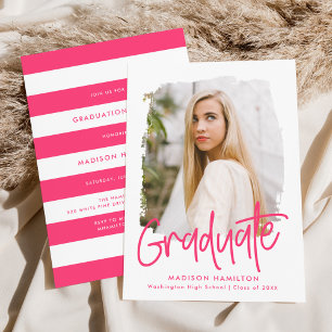 Hot Pink Preppy Script Photo Graduation Party Invitation