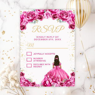 Hot Pink Princess Floral Quinceañera RSVP Card