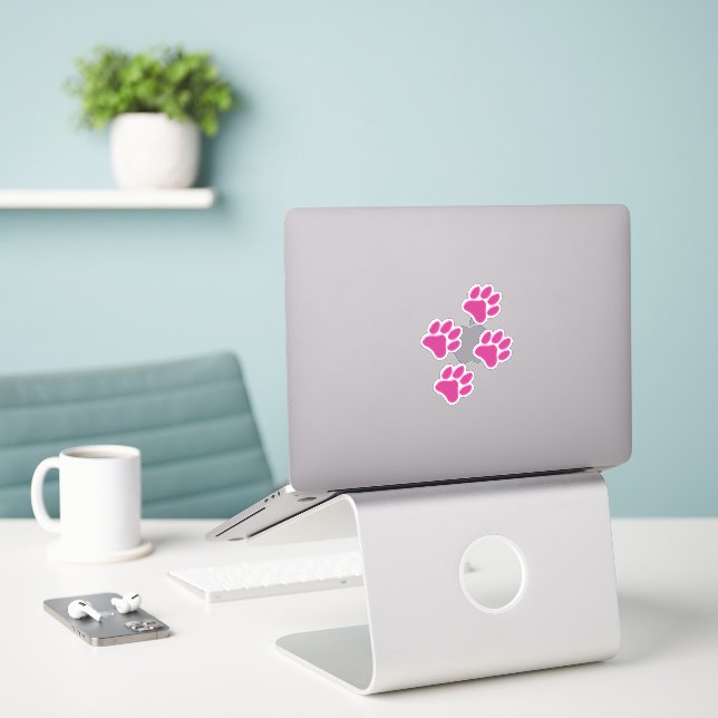 Hot Pink Puffy Look 4 Paws Vinyl Stickers (Laptop On Desk)