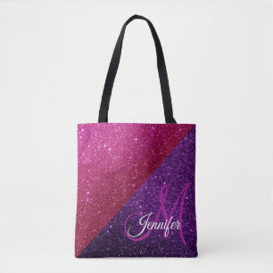 Hot Pink, Purple Glitter & Sparkles Monogrammed Tote Bag