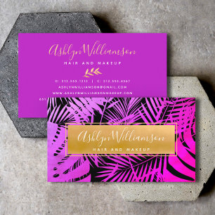Hot pink purple gold tropical palm script modern business card