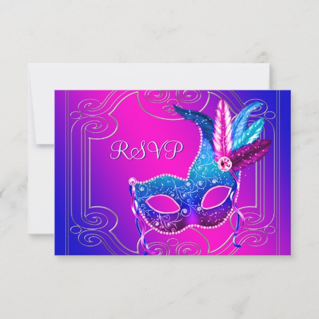 Hot Pink Purple Masquerade Party RSVP (Front)