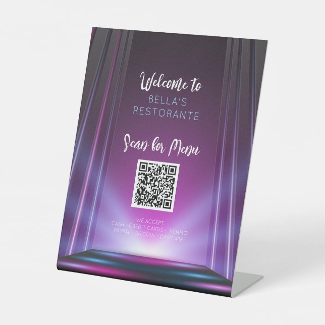 Hot Pink Purple Menu Restaurant QR Code Table Sign (Front)