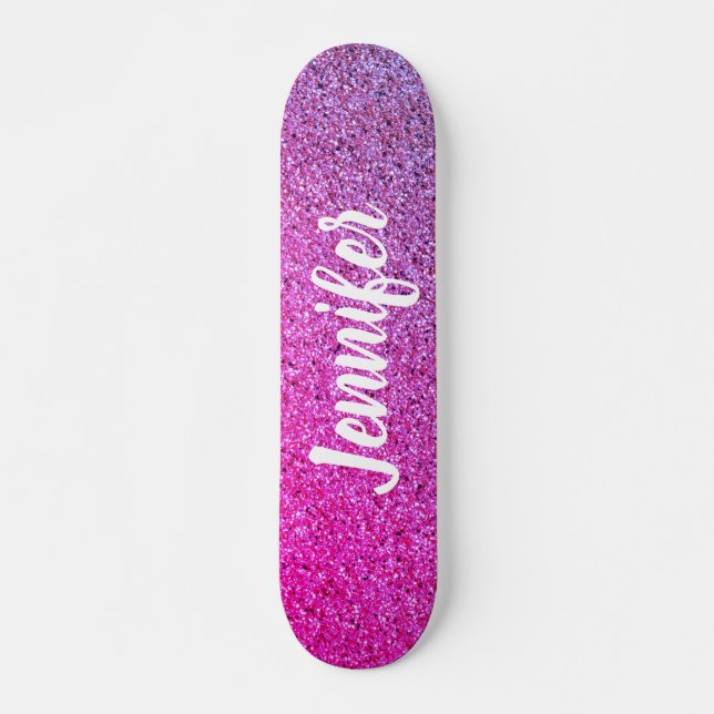 Hot Pink Purple Ombre Faux Glitter Personalized Skateboard (Front)