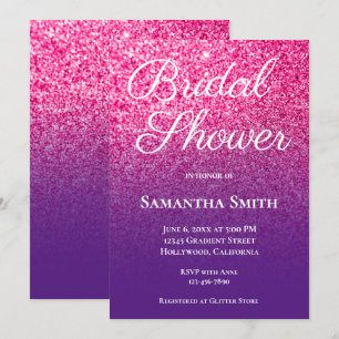 Hot Pink Purple Ombre Glitter Bridal Shower Invitation