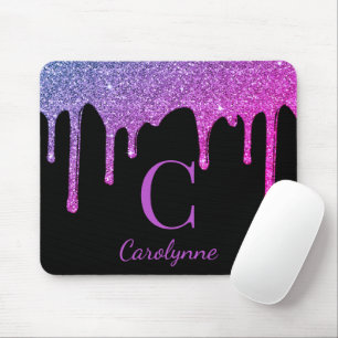 Hot Pink Purple Sparkle Glitter Drips Monogram Mouse Pad