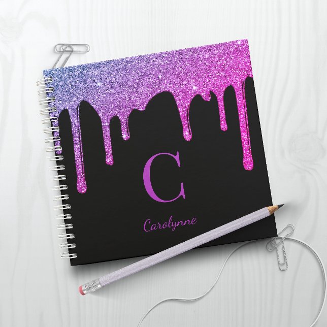 Hot Pink Purple Sparkle Glitter Drips Monogram Notebook (Creator Uploaded)