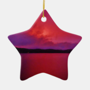 Hot Pink Purple sunset on Lake Arrowhead Ceramic Ornament