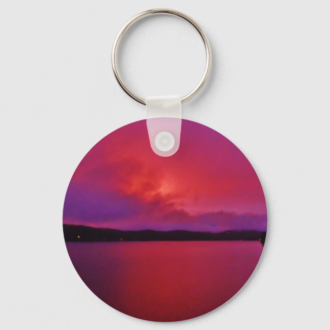 Hot Pink Purple sunset on Lake Arrowhead Keychain (Front)