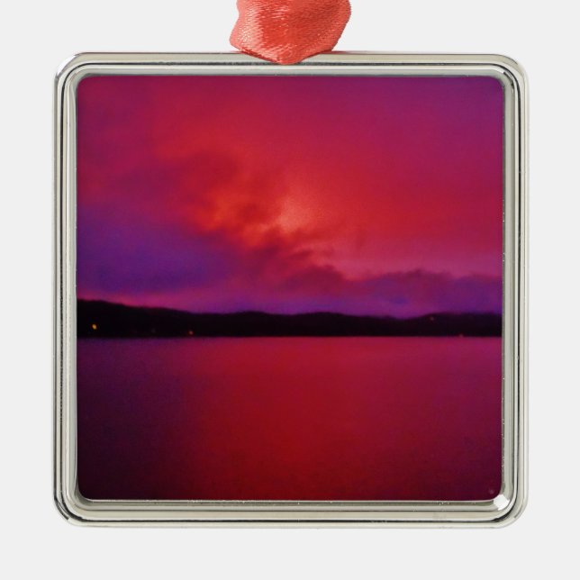 Hot Pink Purple sunset on Lake Arrowhead Metal Ornament (Front)