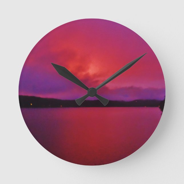 Hot Pink Purple sunset on Lake Arrowhead Round Clock (Front)