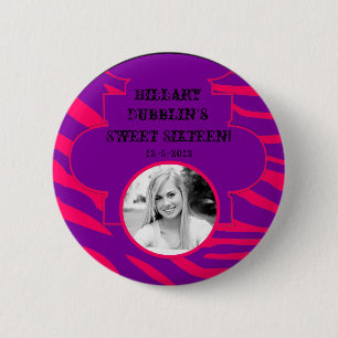 Hot Pink Purple Zebra Print Animal Photo Button