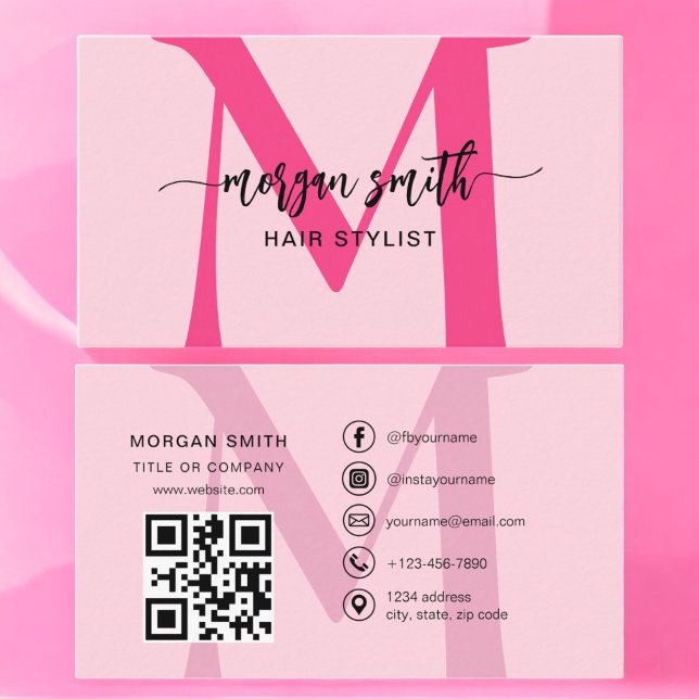 Hot Pink QR Code Script Girly Monogram Name Business Card (Creator Uploaded)