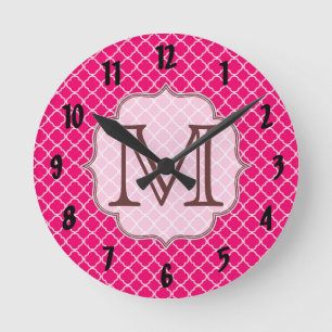 Hot Pink Quarterfoil Latti Monogram Wall Clock