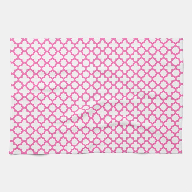 Hot Pink Quatrefoil Pattern Kitchen Towel (Horizontal)