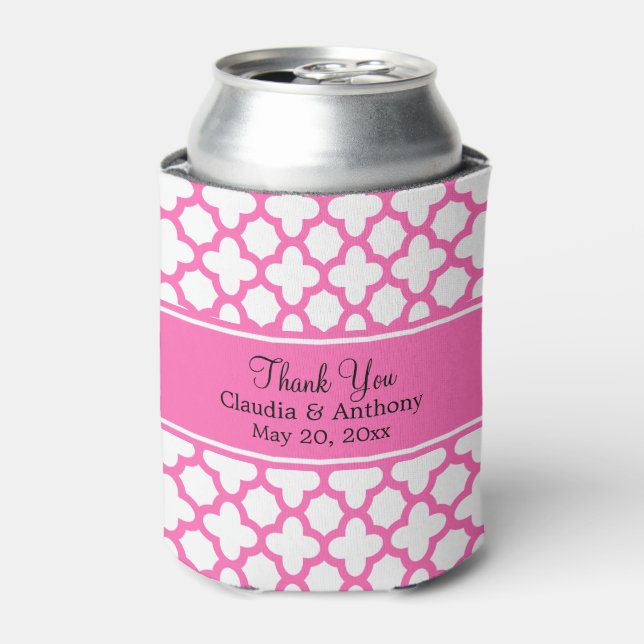 Hot Pink Quatrefoil Pattern Wedding Thank You Can Cooler (Can Front)