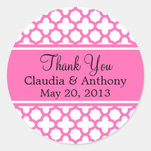 Hot Pink Quatrefoil Pattern Wedding Thank You Classic Round Sticker