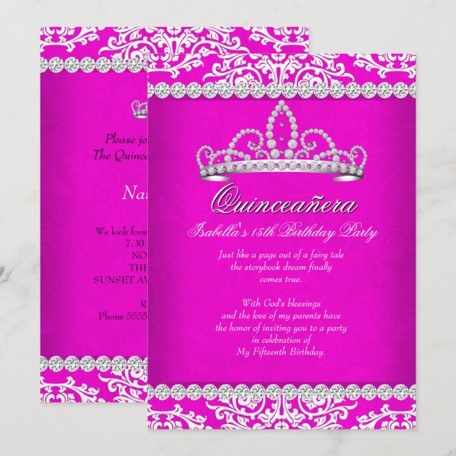 Hot Pink Quinceanera 15th Birthday Party Tiara Invitation (Front/Back)